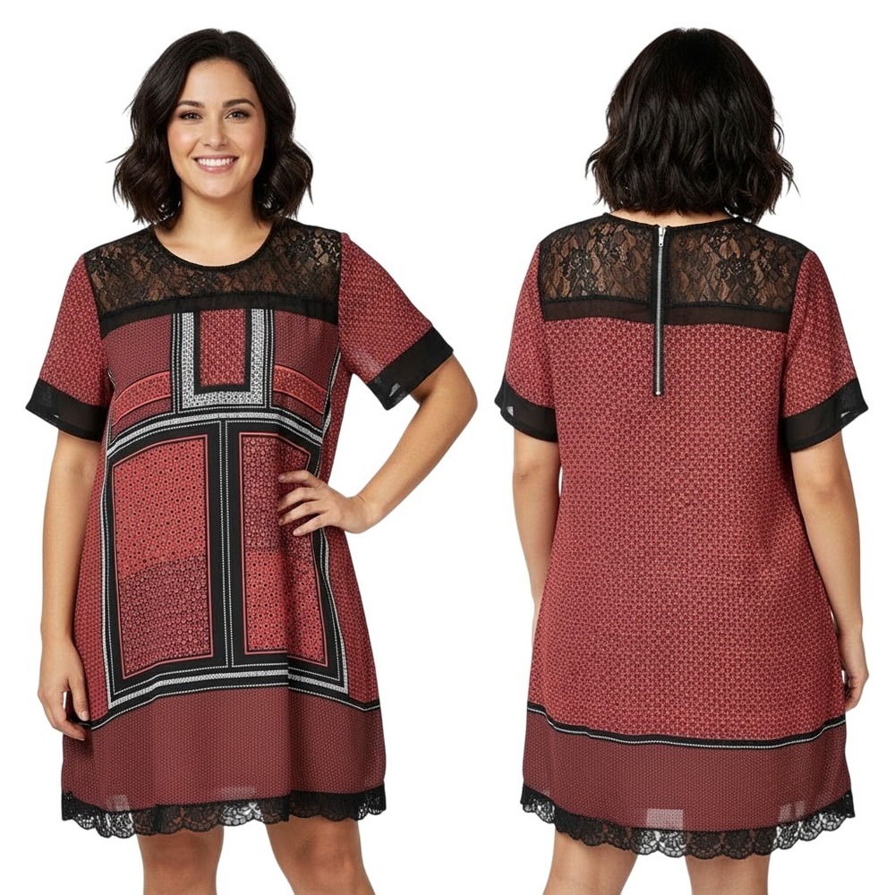 EXPRESS Dress Size‎ Large Red Black Geometric Lace Trim Short Sleeve
